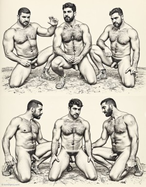 Tom of Finland. Hombres gay porno: "The Complete Kake Comics". Solo hombres desnudos musculosos. Tiene pene erecto de 50 cm de longitud y 8 cm de diámetro. Dibujos tipo KAKE de Tom Of afilándoos. Tiene un pene erecto de 50 cm de longitud y 8 cm de diámetro. Están arrodillados en el suelo