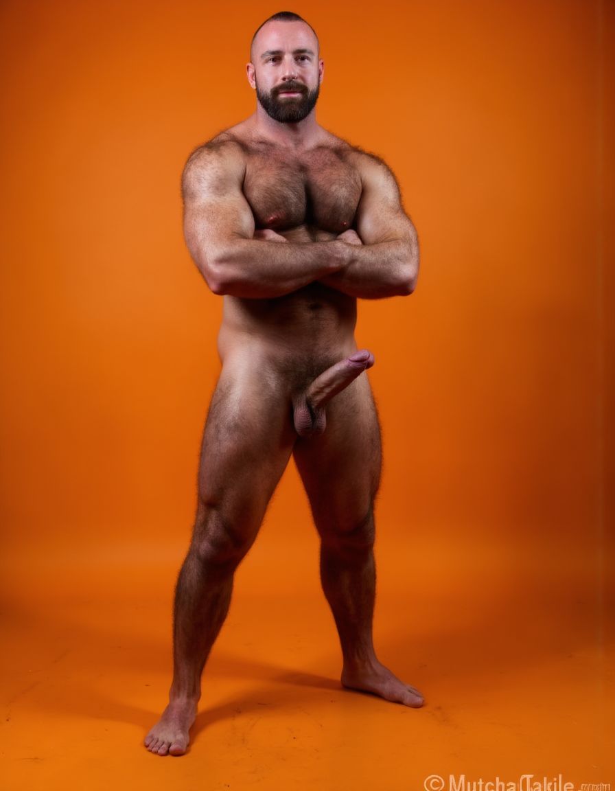 hombre culturista de 35 años posando desnudo de cuerpo completo, sonriente, tensa los bíceps, tiene un pene de 40 cm de longitud y 7 cm de diámetro, grandes dorsales, piernas, cintura estrecha, un poco calvo, grandes pezones rosas. Tiene un pene de 40 cm de longitud y 7 cm de diámetro. Tiene mucho vello en pecho y brazos y piernas. Tiene testículos de 10 kg de peso y están colgando. Tiene pies con sus uñas rojas. Fondo color amarando. Tiene el pene empalmado y eyaculando semen.