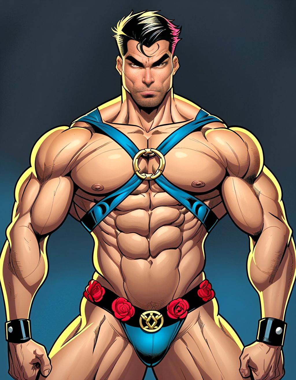 A muscular man resembling a jigsaw puzzle, wearing a tantalizing harness that accentuates his physique. His body is covered in intricate, colorful puzzle piece designs, with some pieces slightly detached to reveal his smooth skin beneath. The setting is a dimly lit room filled with soft, ambient light, where shadows play dramatically across his form. He strikes a provocative pose, exuding confidence and allure.
