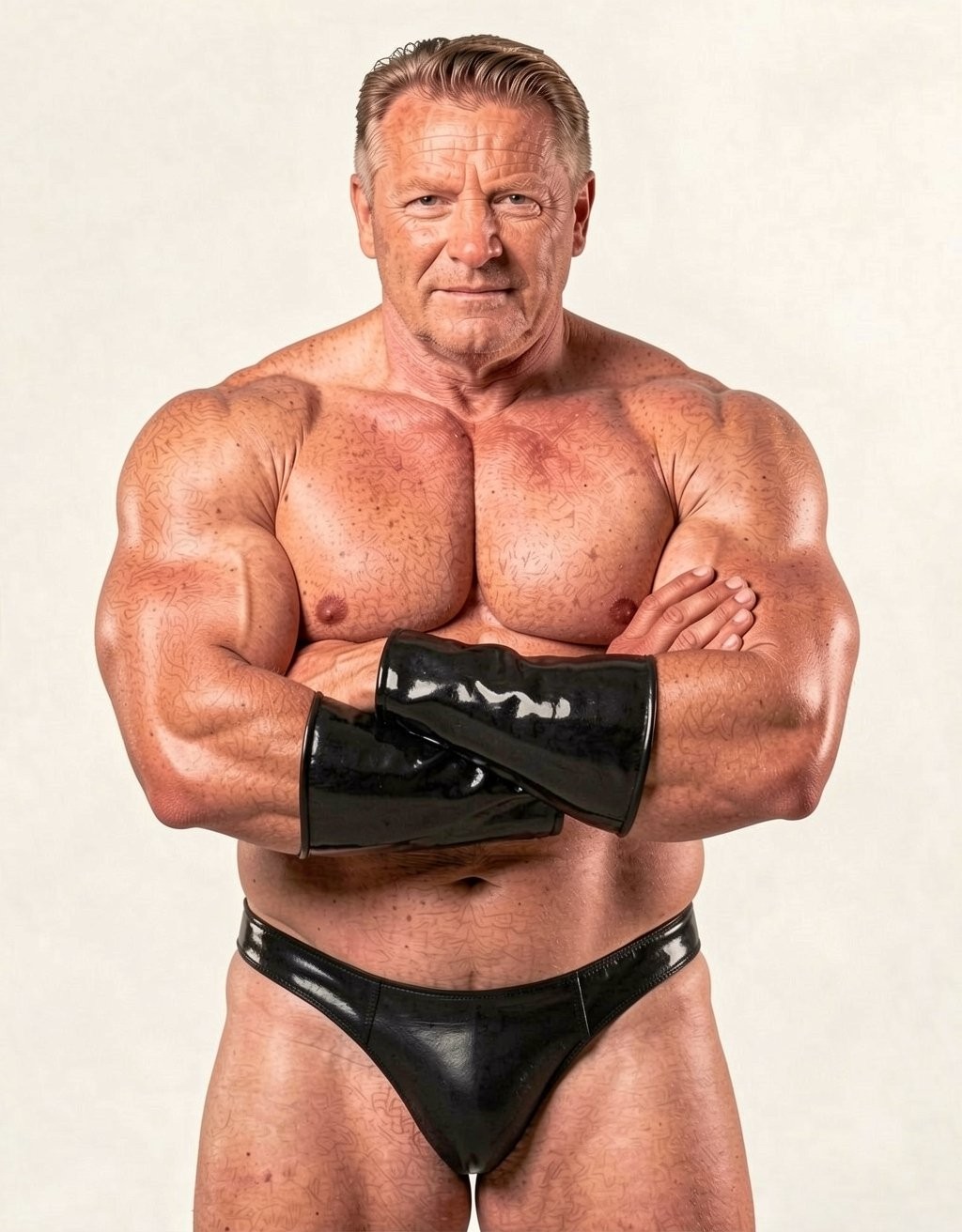 Hombre musculoso de edad madura posando de frente con el torso desnudo, brazos cruzados y expresión seria, sobre un fondo claro de estudio. Su físico destaca por pecho ancho, hombros y bíceps muy desarrollados, piel bronceada con pecas y marcas naturales, y abdomen robusto. Lleva un slip negro brillante de estilo culturismo o lucha, ajustado a la cintura, junto con unas muñequeras o guantes largos de vinilo negro que refuerzan una estética de fuerza, dominación y exhibición física. El pelo corto peinado hacia atrás y la postura firme transmiten seguridad, disciplina y presencia atlética.