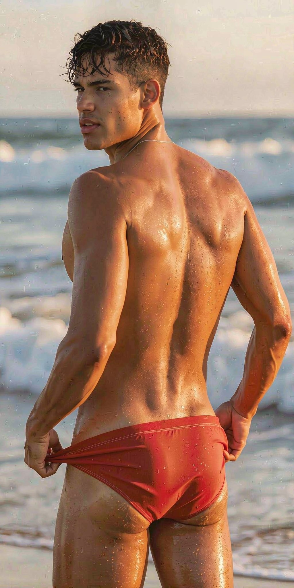 Hombre joven de espaldas en la orilla del mar, con el torso desnudo y la piel mojada brillando bajo una luz cálida de atardecer, mirando por encima del hombro hacia la cámara con expresión seria. Lleva un bañador rojo ajustado que sujeta con ambas manos y baja ligeramente por los laterales, dejando al descubierto parte de las nalgas mientras permanece de pie sobre la arena húmeda. Su espalda musculada, los hombros definidos, los brazos tonificados y el pelo oscuro mojado destacan frente al fondo desenfocado de olas, espuma marina y playa, creando una escena de verano, sensual y atlética junto al océano.