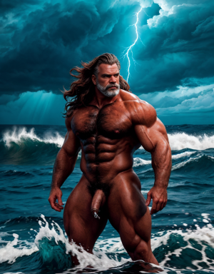 Neptuno es dios de los mares, las tempestades y los vientos. Es un dios iracundo y malhumorado, incluso violento. Está desnudo. Tiene un pene grande y largo. Tiene mucho vello. Está llamando a las criaturas del océano.