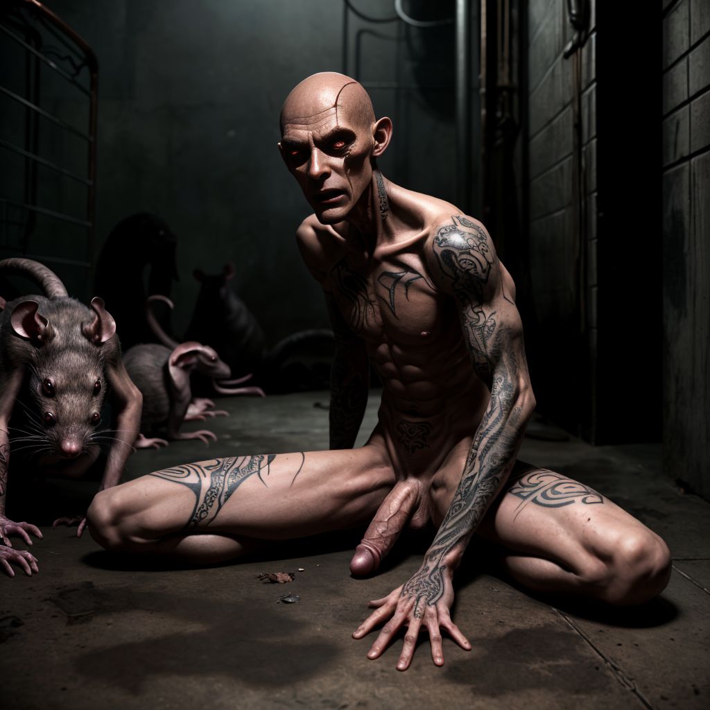 Hombre flaco con piel cobriza y verga grande, cara de malvado, sentado en el piso sucio rodeado de ratas grandes, mirada intensa, anatomía detallada, ambiente oscuro y sucio. muy flaco lleno de tatuajes