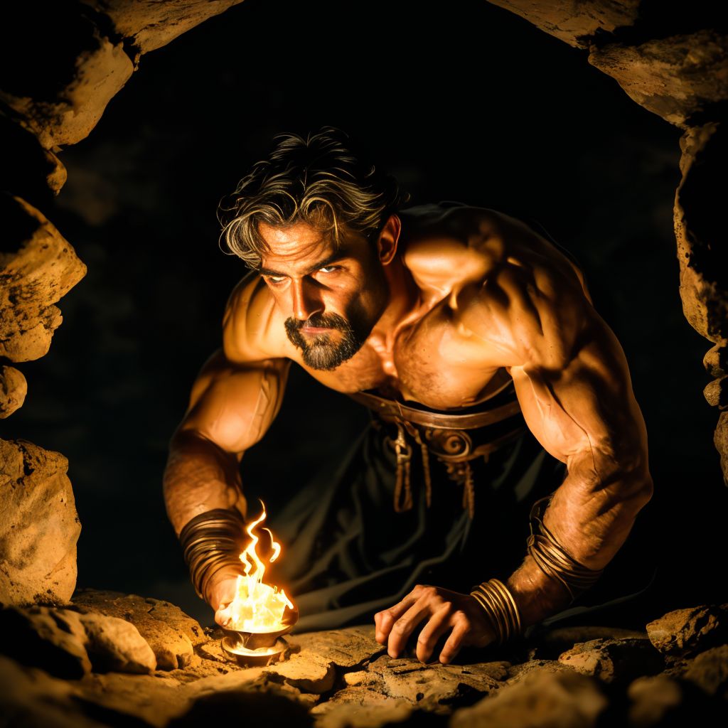 Un hombre de mediana edad, de ascendencia mediterránea con cabello oscuro y canoso, pene visible, rostro enjuto y mirada desafiante, viste un arnés de cuero desgastado de color negro, con hebillas de acero oxidadas. Su pose, ligeramente encorvado contra la húmeda pared de piedra de una mazmorra, transmite tensión contenida. Los músculos de sus brazos, tensos bajo el cuero, manos y pies con grilletes, sugieren fuerza reprimida. Su expresión, una mezcla de orgullo y amargura, se refleja en sus ojos oscuros y hundidos. El ambiente es sombrío, iluminado por una única antorcha que proyecta sombras largas y danzantes sobre las paredes de piedra rugosa y húmeda. La perspectiva es de plano medio, ligeramente picado, acentuando la figura imponente del hombre. La paleta de colores es oscura y saturada, con tonos marrones, grises y negros predominantes, contrastando con el rojizo cálido de la llama de la antorcha. La textura áspera de la piedra, el cuero desgastado y la humedad palpable se perciben en cada detalle. El fondo, difuminado pero visible, sugiere un espacio claustrofóbico y húmedo. Estilo: realismo oscuro, con pinceladas texturales que evocan a los maestros antiguos. Iluminación Rembrandt, con fuerte contraluz para destacar la figura. Atmósfera opresiva y misteriosa, con un toque de melancolía y resistencia. Cámara: 35mm, lente fija.