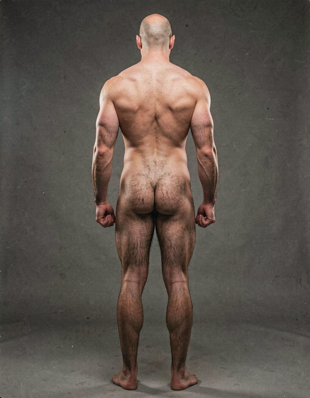 Mike Morris, a 32-year-old extremely lean Caucasian male at only 8% body fat, stands completely naked in a strict military attention pose seen from directly behind in a full posterior view. His back is perfectly straight, shoulders pulled back, arms rigid at his sides with fists clenched, legs straight and together, head held high. The shot captures him from the heels of his feet all the way up to the top of his bald head. His advanced Norwood III-IV baldness is clearly visible from behind, with a smooth tanned scalp on the crown and short dense dark brown hair only on the sides and lower back of the head. His back is highly defined and vascular: wide lats tapering dramatically to a very narrow, tight waist, thick trapezius muscles, and dense dark brown body hair lightly covering the shoulders and becoming much thicker and denser across the lower back and lumbar area, especially between the lats. His ass is tight, muscular and round with almost no fat, the glutes clearly separated. Thick dark hair continues down onto his powerful diamond-shaped calves and the backs of his slightly hairy feet. Dramatic directional studio lighting from above and slightly to the side creates strong highlights on his dry, shredded skin and deep shadows that accentuate every muscle fiber, the texture of his dense back hair, and the extreme vascularity and definition of his 8% body fat physique. Photorealistic, high-contrast, masculine 1970s Colt Studio aesthetic, grainy film texture, commanding and powerful presence.