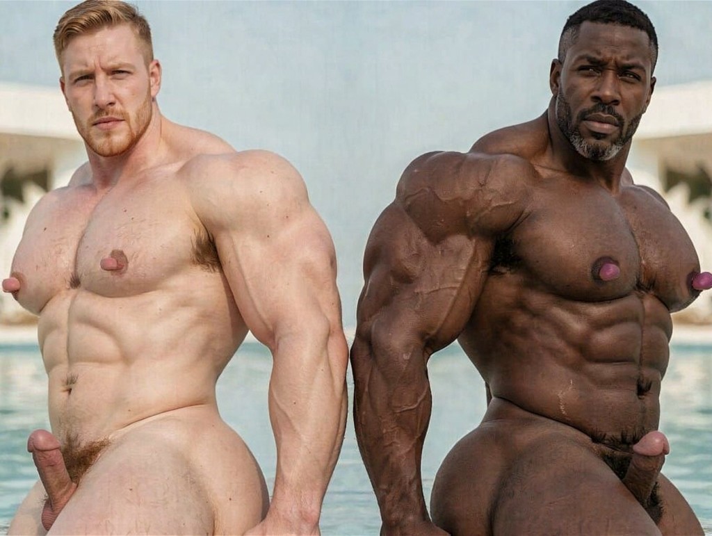 Dos hombres desnudos y muy musculados posan al aire libre junto a una piscina o zona de agua, con el torso frontal iluminado por luz natural. El hombre de la izquierda tiene piel clara, pelo rubio corto, barba rojiza recortada, pecho definido, abdominales marcados y un pene visible en la parte inferior del encuadre. El hombre de la derecha tiene piel negra, pelo corto oscuro, barba entrecana, una complexión extremadamente atlética, brazos vascularizados, pectorales y abdominales muy pronunciados, también con el pene visible. Ambos miran hacia la cámara con expresión seria, en una composición centrada en el físico, el culturismo, la desnudez masculina y la pose corporal junto al agua.