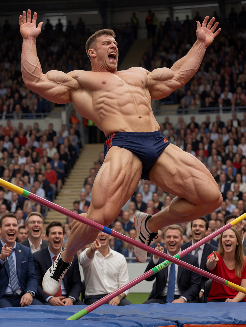 Extremely muscular athlete spectacularly jumps over a pole vault bar in a full stadium, with bare torso, very defined abs, arms raised, and an expression of intense effort with mouth open. He wears dark blue sports briefs and black sneakers with white socks, while his tense, veiny legs are bent over the blue landing mat. The scene has an exaggerated and almost surreal air due to the body’s hypertrophy, combining bodybuilding, athletics, and pole vaulting. In the background, stands packed with spectators watch the action, and in the front row several people in suits and formal clothing celebrate excitedly next to the crossed colored poles.