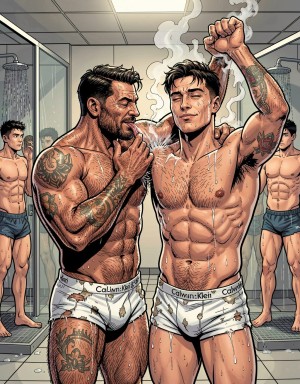 Two muscular, tattooed men pose together in a locker room shower, soaked under the water and surrounded by steam, with a very pronounced and detailed comic-book aesthetic. The man on the left, with a thick beard, dark hair, and a hairy torso, wears stained and torn white Calvin Klein briefs while smoking a cigarette and resting one hand on his companion’s chest. The man on the right, younger, raises one arm above his head, showing tattoos on his arm and a hairy armpit, also wearing wet and dirty white Calvin Klein underwear. In the background, other athletic men appear in dark underwear inside a shower area with glass partitions, gray tiles, falling water, and a humid, intimate atmosphere charged with physical tension.