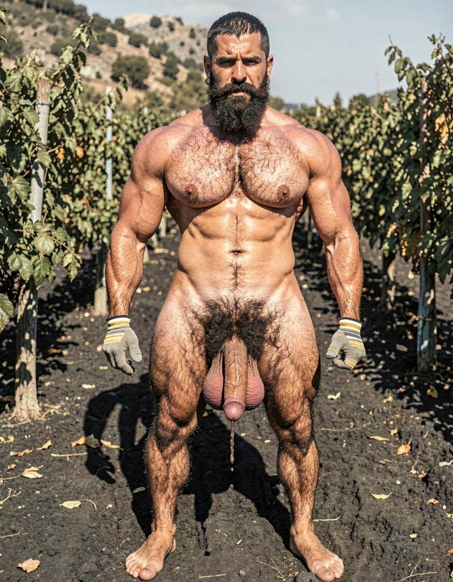 A hyper-realistic full-body vertical photograph taken in harsh midday Santorini sunlight over black volcanic soil between rows of Assyrtiko vines. Dimitris, 32, stands completely naked except for grey work gloves with yellow and white stripes, feet planted wide apart on the dark earth, toes gripping the soil. Shot from a low frontal angle so every inch from his big dirty feet to the top of his head is visible without cropping. His body is at 5% body fat, extremely muscular competition physique: huge veiny traps and shoulders, massive hairy pecs, eight-pack abs partially covered by dense black curly body hair that runs from his neck all the way down to his toes. Extremely thick black pubic bush, massive thick veiny Greek cock rock-hard and pointing upward almost touching his abs, swollen purple glans shiny with precum, a long clear drop hanging from the slit. Heavy low-hanging hairy balls. Thick black hair covers his powerful thighs, calves and feet. His face is pure predator: long thick connected black beard and mustache, short jet-black hair with shaved sides, dark intense eyes looking straight at the viewer, small silver earring in left ear. Skin deeply tanned and covered in sweat that makes the dense body hair glisten. Every muscle, every strand of wet black hair, every vein is razor sharp under the direct Mediterranean sun. Maximum photorealistic detail, vertical composition showing the entire body head to toe with no cropping.