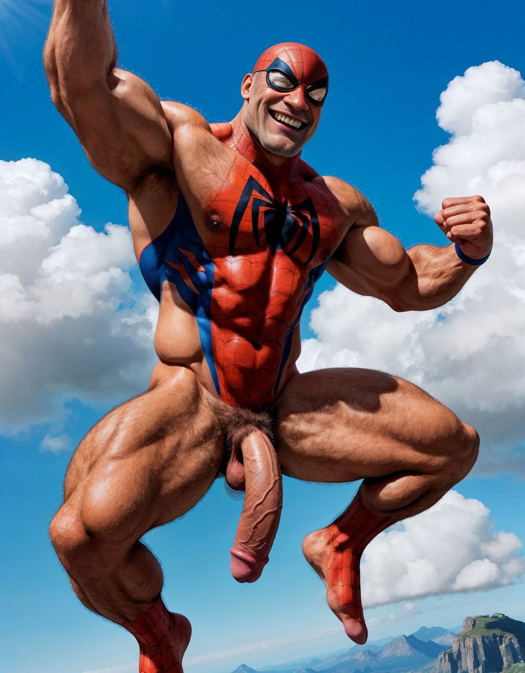 Spiderman velludo musculoso totalmente desnudo volando sobre una nube en el cielo azul. Tiene el pene grande. Tiene los testículos grandes y peludos. Volando. Está feliz. Tiene la piel limpia y húmeda. Tiene ojos verdes y dientes blancos.