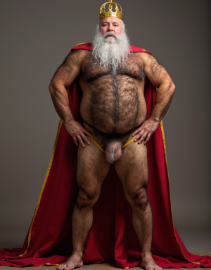 Older man with a robust and very hairy build poses standing with a solemn and dominant attitude, wearing an ornate golden crown and a large red cape with gold trim that falls to the floor like royal attire. His long white beard and gray hair reinforce a majestic appearance, almost like a classic king or monarch, while he keeps his hands on his hips and looks forward with a serious expression. The bare torso shows abundant hair, a prominent belly, strong arms and firm legs; he also appears completely naked under the cape, with the penis visible. The neutral gray background and studio lighting focus all attention on the figure, creating a theatrical, powerful and symbolic portrait.