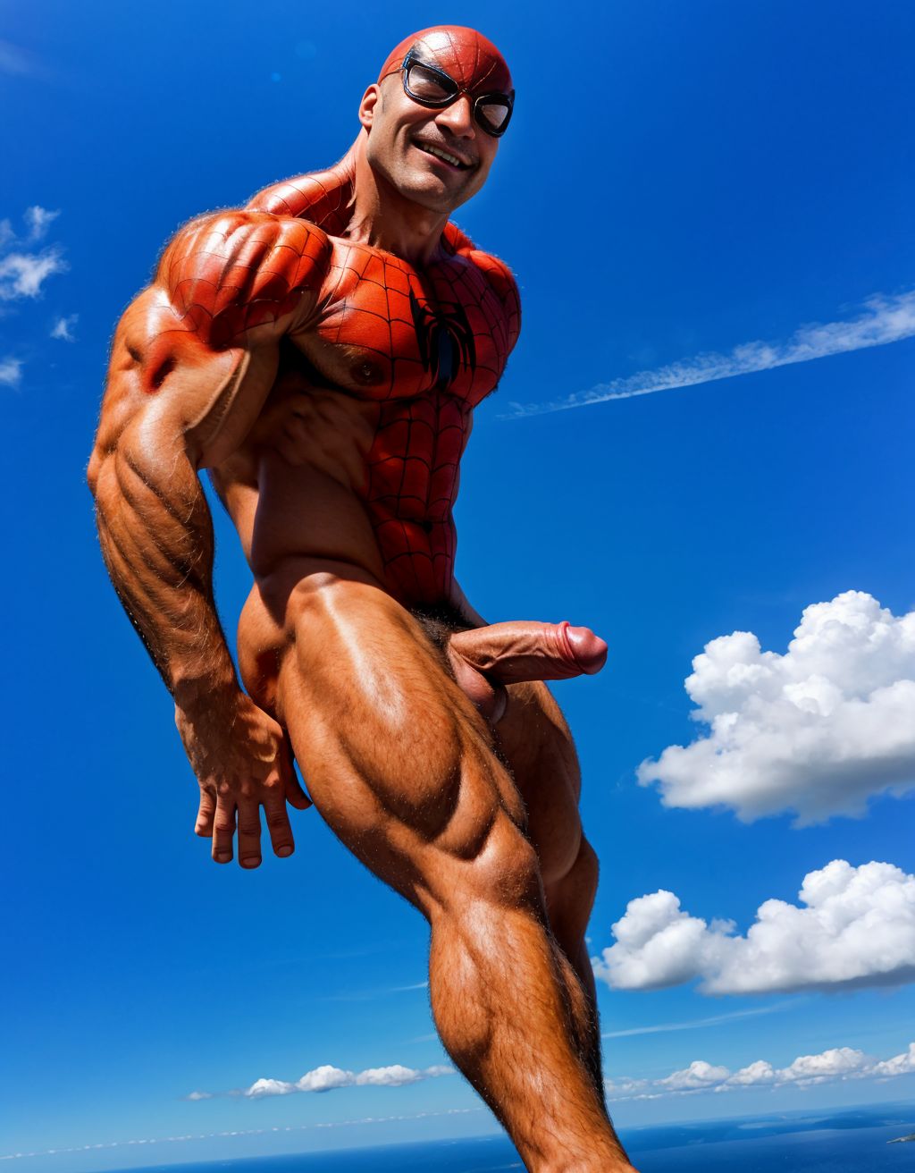 Spiderman velludo musculoso totalmente desnudo volando sobre una nube en el cielo azul. Tiene el pene grande. Tiene los testículos grandes y peludos. Volando.