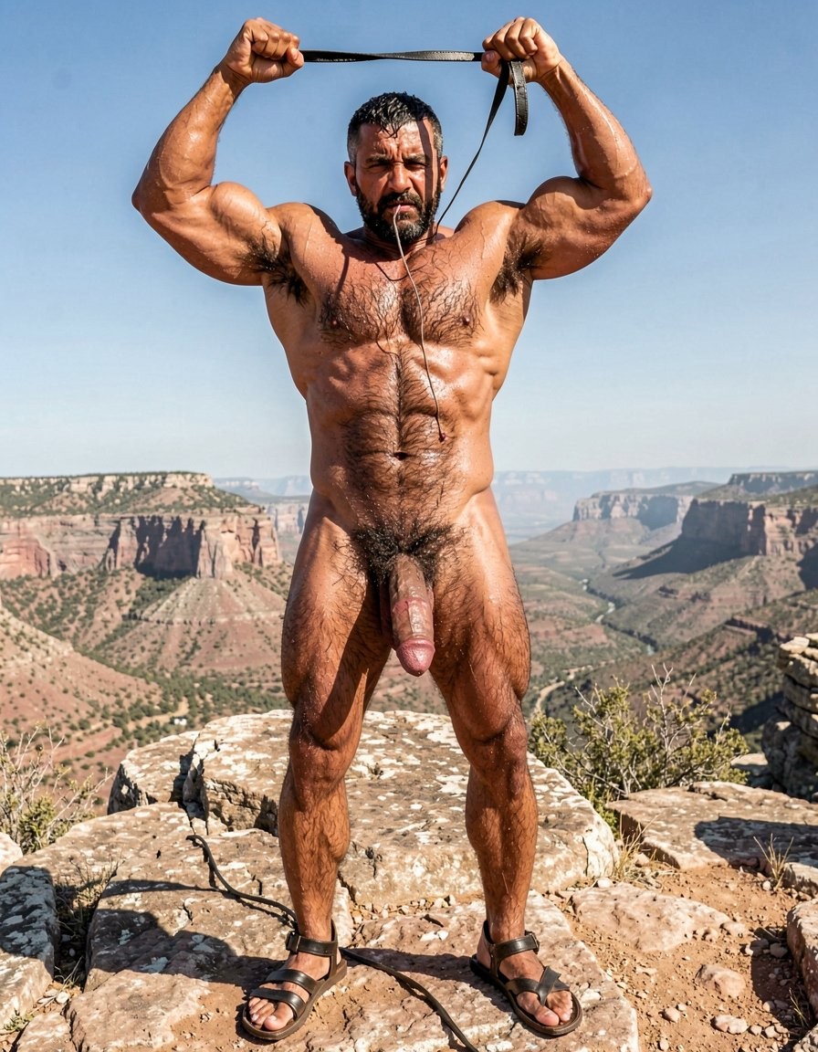 A naked and very muscular man poses standing on a rock in a desert canyon landscape, with a clear sky in the background and reddish rock formations in the distance. He has a dark beard, wet or sweaty hair, abundant body hair on his chest, abdomen, pubic area, and legs, and he holds above his head a black strap or rope that falls down the center of his torso. His body appears tense, with flexed arms, defined abs, and a firm frontal stance; his penis is visible. He wears only black sandals, and at his feet there are stones, low vegetation, and part of the rope on the ground, creating a scene of nature, physical strength, and outdoor bodily exhibition.