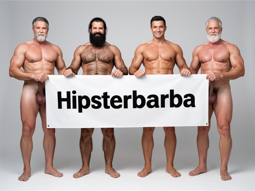 Four naked muscular men holding banner text Hipsterbarba ¿me amas? ultra high quality 8K photorealistic: El Comandante Spanish military leader 45 years short gray hair stern commanding face muscular trained body 185cm 85kg standing far left holding left edge of banner with both hands completely naked massive erect uncircumcised penis 25cm thick veiny shaft visible below banner heavy balls alpha dominant stance, Soldado Bartolo Spanish soldier 35 years thick dark full beard short hair very hairy muscular chest arms legs groin 180cm 80kg standing center-left holding banner completely naked large erect uncircumcised penis 18cm thick visible hairy balls masculine hairy build playful smirk, Superman alien superhero 195cm 100kg perfect bronzed smooth hairless skin short black hair with characteristic curl bright blue eyes massive superhuman muscles standing center-right holding banner completely naked enormous erect penis 23cm steel hard thick shaft visible smooth heavy balls god-like physique confident smile, General Rodolfo Castaños 60 years short gray military hair thick gray mustache experienced muscular body 175cm 75kg standing far right holding right edge of banner completely naked thick erect penis 20cm visible mature heavy balls military bearing knowing expression, all four men standing in horizontal row full body visible head to feet holding between them large white fabric banner at chest level with bold black letters spelling Hipsterbarba ¿follamos? question mark clearly readable professional typography banner stretched tight all four erect penises balls completely visible below banner military office background professional studio lighting 8K photorealistic resolution masterpiece quality inviting expressions.