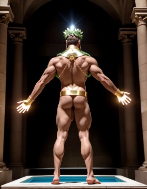 El dios Priapo de Pompeya está desnudo de pie. Es delgado y muy alto. Está en el museo de Nápoles. Tiene un pene grande y erecto. Tiene mucho vello por todo el cuerpo. Tiene sandalias en los pies. Tiene músculos muy definidos. Tiene una corona de laurel. Levanta una mano para saludar al público. El cuerpo está iluminado con focos de luz blanca. Tiene los ojos verdes. Tiene una cadena brillante en los pies. Tiene mucho vello en el pecho. Tiene una capa de oro sobre su espalda. Tiene boca abierta. Tiene sandalias en los pies. Está de perfil. Está de lado. Tiene las uñas de los pies pintadas de verde.
