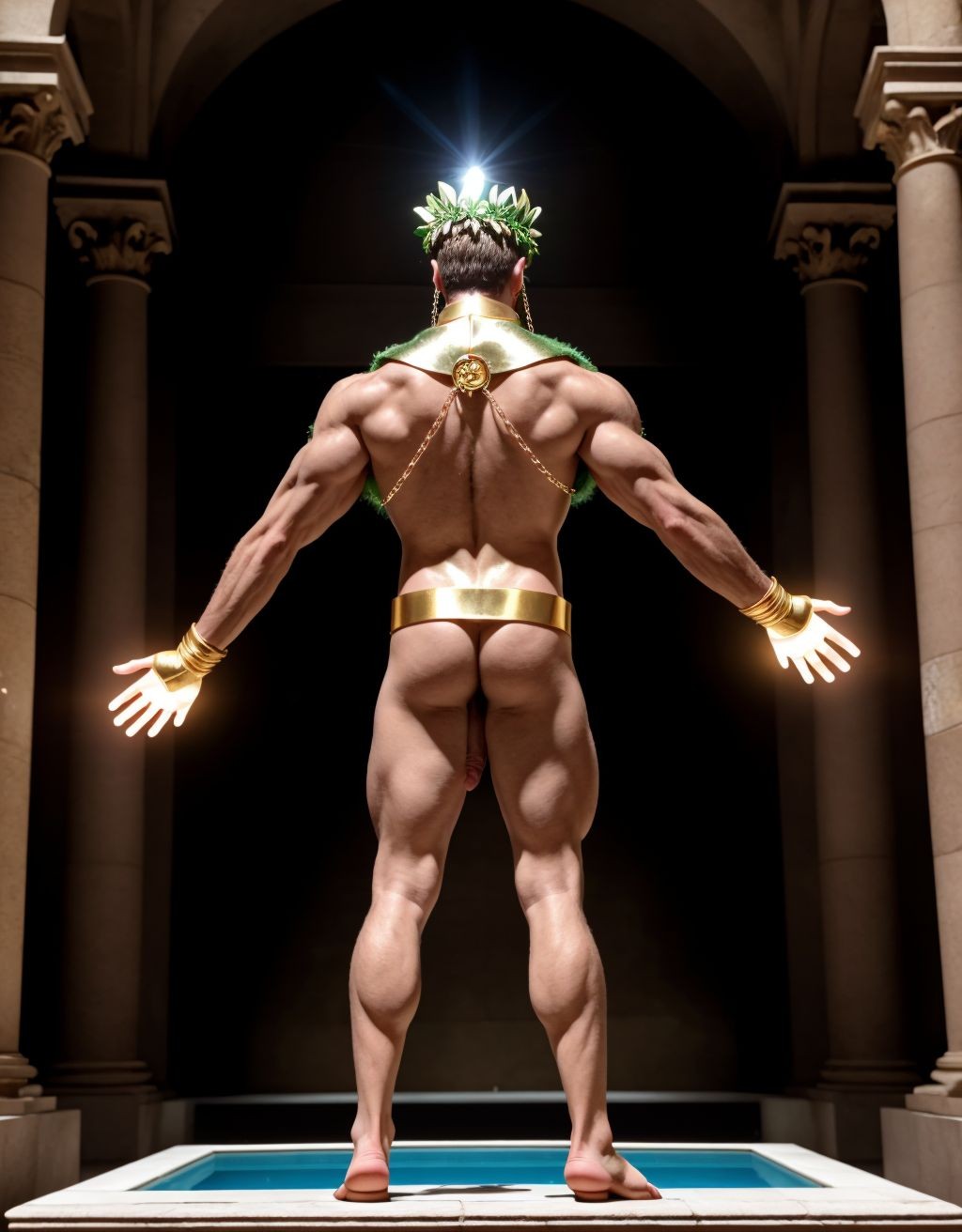 El dios Priapo de Pompeya está desnudo de pie. Es delgado y muy alto. Está en el museo de Nápoles. Tiene un pene grande y erecto. Tiene mucho vello por todo el cuerpo. Tiene sandalias en los pies. Tiene músculos muy definidos. Tiene una corona de laurel. Levanta una mano para saludar al público. El cuerpo está iluminado con focos de luz blanca. Tiene los ojos verdes. Tiene una cadena brillante en los pies. Tiene mucho vello en el pecho. Tiene una capa de oro sobre su espalda. Tiene boca abierta. Tiene sandalias en los pies. Está de perfil. Está de lado. Tiene las uñas de los pies pintadas de verde.