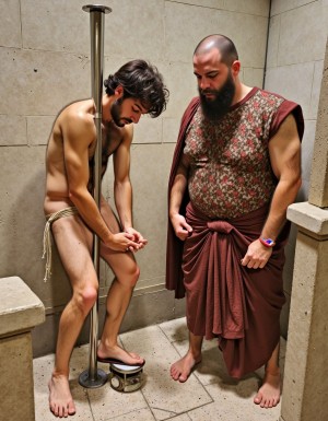 BDSM. Imperio Romano, año 112, un esclavo es atado por las manos y los pies a un poste, está desnudo, a su lado su Amo, un patricio obeso, lo castiga a estar así inmovilizado por el rechazo del esclavo a sus reclamos carnales. 