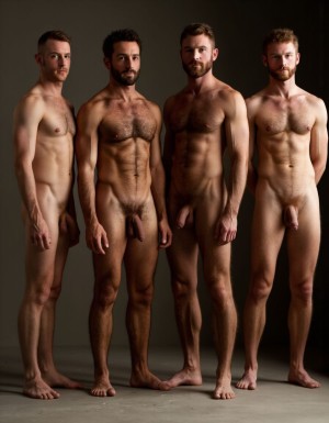 Cuatro hombres desnudos de diferentes edades y características físicas, todos con los penes en erección. Un hombre tiene 60 años y tiene una complexión delgada y musculosa, tiene mucho pelo en el pubis, su piel es suave y ligeramente arrugada, con una ligera tonalidad pálida.

Otro hombre tiene 50 años tiene cubierto todo su cuerpo de un denso vello corporal que cubre su torso, brazos y piernas, dándole un aspecto salvaje y viril, su vello es grueso y oscuro, y su cuerpo tiene una forma más musculosa que el del hombre de 60 años.

Otro tercer hombre tiene 40 años, también está muy velludo, su vello es más fino y se concentra principalmente en el pecho y el abdomen, con un poco más de densidad en los brazos y piernas, su cuerpo tiene una forma atlética, con músculos muy definidos.

Otro cuarto hombre tiene 25 años, tiene un cuerpo joven y tonificado, con mucha cantidad vello corporal pero con una piel más radiante y suave, su torso y extremidades están casi completamente cubiertas de vello, lo que resalta su juventud y vitalidad.

Todos los hombres están de pie, con sus penes en erección, destacando su masculinidad. La escena es hiperrealista, con detalles de alta calidad que capturan cada textura y curva de sus cuerpos. La iluminación es suave y cálida, resaltando los contornos y sombras de cada figura, creando un ambiente íntimo y sensual.