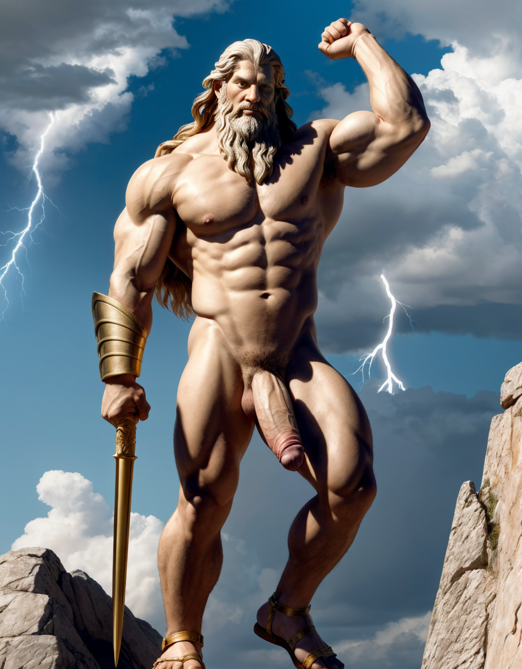 Zeus es el dios supremo del Olimpo en la mitología griega. Está desnudo. Es conocido por controlar el cielo, los truenos y los rayos. Tiene un escudo con dibujo de una águila y un cetro. Tiene pene grande. Tiene testículos muy grandes. Tiene sandalias de color marrón en sus pies. Levanta brazo para enseñar bíceps con orgullo