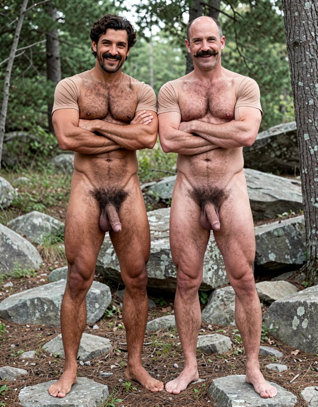 Two naked men pose standing in a natural forest setting, on rocks and leaf-covered ground, with trees and large stones in the background. Both look at the camera smiling, with their arms crossed over their chests and a firm, relaxed posture. The man on the left has dark hair, a beard, abundant body hair, and a muscular body; his penis hangs visibly between his legs. The man on the right is bald, has a mustache, has a robust build, and also clearly shows his penis and pubic hair. The scene combines male nudity, nature, outdoor portraiture, and a confident attitude.