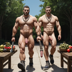 Dos hombres machos musculosos desnudos muy viriles con pene grande y testículos grandes y peludos. Caminando 10 ⛓️⛓️ 🍇 🍒 🌞 👠👠  ⚓️🪝 ⛓️ ⚙️ 🗡️ 