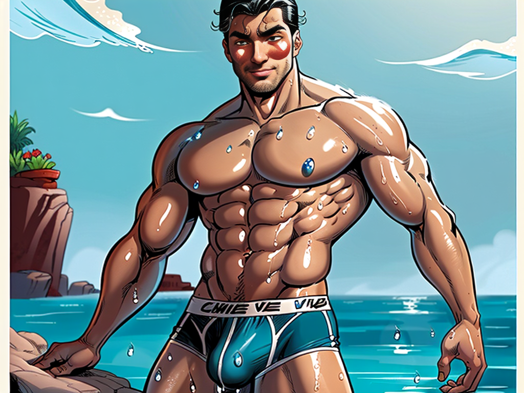 POV: A man stands in front of you, his wet underwear clinging to his body, accentuating the prominent bulge, droplets of water cascading down his toned abdomen, creating a sensual and inviting scene.