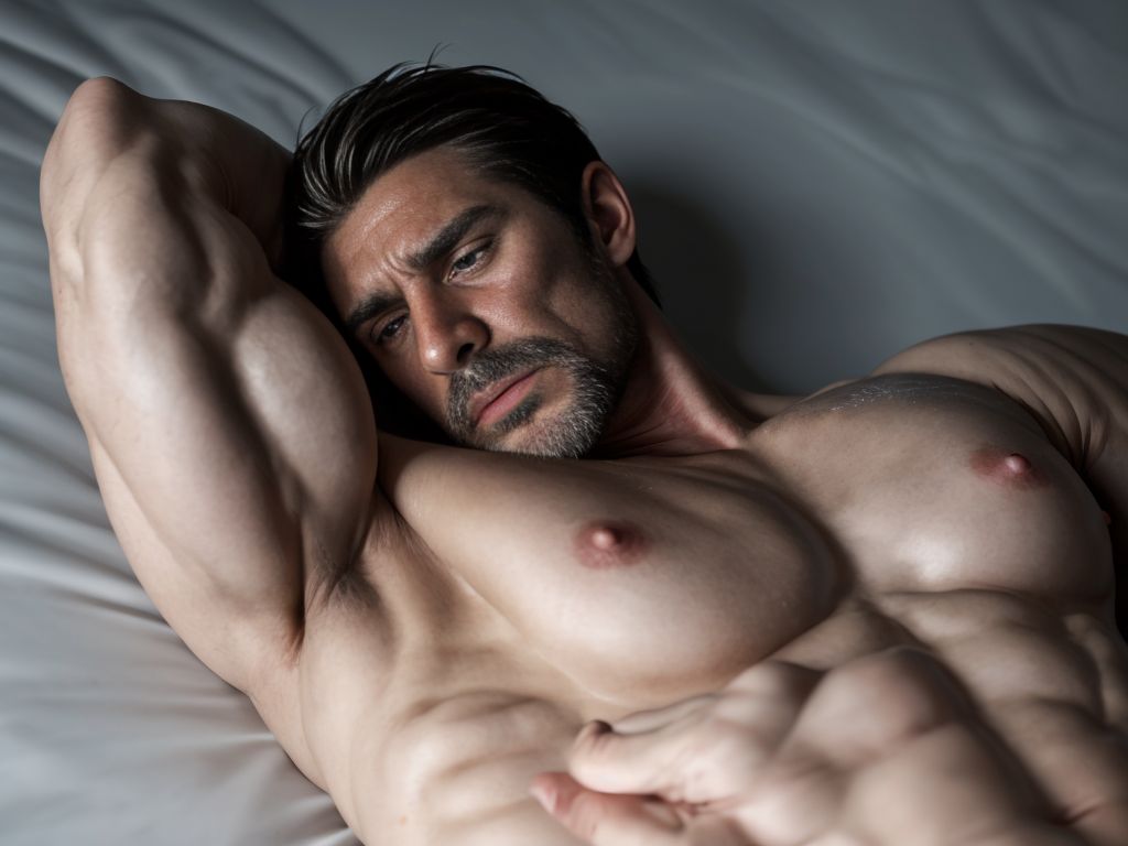 Hombre maduro atractivo, rostro serio, acaricia el torso desnudo y tumbado de un joven muerto, inerte, sin expresión, con manos firmes y dedos precisos, resaltando la textura de la piel fría y los músculos definidos.