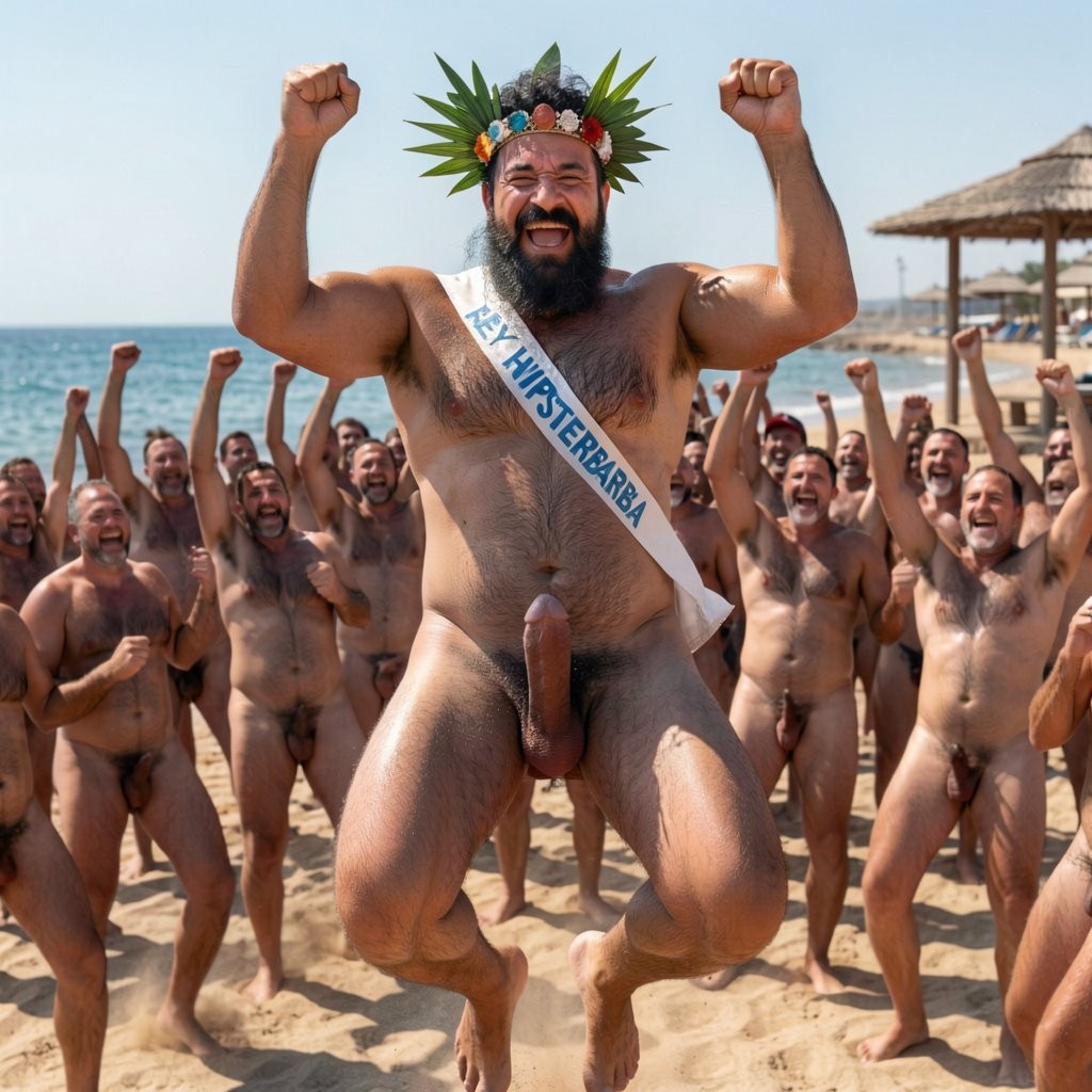A hyperrealistic, ultra-detailed cinematic photograph taken at high noon on the nudist beach of El Playazo in Vera Playa, Almería, with intense golden sunlight, razor-sharp focus and perfect cinematic lighting. Hipsterbarba leads the wild celebration at the front as the undisputed king, jumping and dancing joyfully with his massive superhuman muscle bear body fully on display. His enormous striated pectorals bounce powerfully with every leap, his deeply carved ten-pack abs flex and ripple, and his tree-trunk legs explode with muscle as he jumps high into the air. His entire body is covered in an insanely dense black pelt of body hair soaked in sweat that glistens under the sun. He still wears his crown of braided palm leaves, seashells and wild flowers slightly tilted on his head, and the white sash “REY HIPSTERBARBA” bounces across his huge hairy chest. His legendary Bandholz beard flies wildly with each jump, hanging past his navel. His monstrously improved cock is over 30 cm, hyper-thick, heavily veined, perfectly shaped with a huge flared head, rock-hard and slapping loudly against his abs and thighs with every energetic jump and dance move, flinging thick strands of precum in arcs through the air. Behind him and all around, the entire group of transformed superhuman muscle bears and the huge crowd of over one hundred naked men are also jumping, dancing and laughing with pure joy, their hyper-muscular, ultra-hairy bodies bouncing and flexing, their own massive perfect cocks slapping and swinging heavily in all directions. Everyone’s muscles keep tensing and growing more defined and masculine with every movement, making them look even more alpha and dominant. The whole scene is a chaotic, happy celebration of naked, sweaty, hyper-masculine men dancing and jumping together on the sand, with huge smiles, open laughter, flying beards and erect cocks bouncing wildly. Extreme photorealism on every bulging muscle fiber, the dense black body hair, the shiny sweat, the dynamic motion of the jumps, the perfect oversized cocks, and the joyful expressions. The chiringuito El Pirata and the sparkling sea are visible in the background under a clear blue sky.