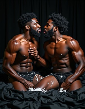 Dos hombres negros musculosos y con barba posan sentados sobre una cama cubierta con sábanas negras, muy cerca el uno del otro, en una escena íntima y sensual de iluminación dramática. Ambos están sin camiseta, con el torso brillante y definido, abdominales marcados, hombros y brazos tensos, y llevan pantalones cortos negros salpicados de una sustancia blanca que también mancha parte de sus muslos y la ropa de cama. Sus rostros se aproximan como si fueran a besarse, con miradas intensas y labios entreabiertos, mientras uno apoya la mano sobre el pecho del otro. El fondo oscuro con cortinas negras refuerza el ambiente erótico, elegante y fotográfico.