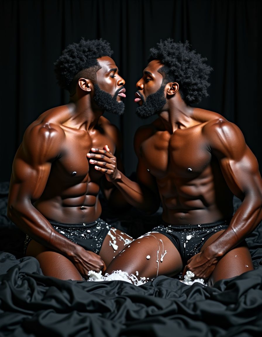 Dos hombres negros musculosos y con barba posan sentados sobre una cama cubierta con sábanas negras, muy cerca el uno del otro, en una escena íntima y sensual de iluminación dramática. Ambos están sin camiseta, con el torso brillante y definido, abdominales marcados, hombros y brazos tensos, y llevan pantalones cortos negros salpicados de una sustancia blanca que también mancha parte de sus muslos y la ropa de cama. Sus rostros se aproximan como si fueran a besarse, con miradas intensas y labios entreabiertos, mientras uno apoya la mano sobre el pecho del otro. El fondo oscuro con cortinas negras refuerza el ambiente erótico, elegante y fotográfico.