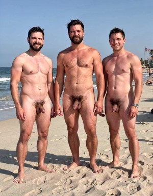 Nudist men at the beach, with bushy pubes