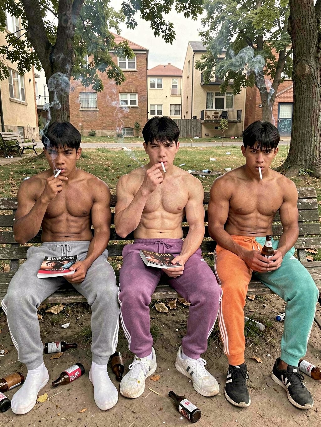 Tres hombres jóvenes sin camiseta están sentados en un banco de madera en un patio exterior con árboles grandes, césped seco y edificios residenciales de ladrillo al fondo, fumando cigarrillos mientras miran hacia la cámara con gesto serio. Llevan pantalones deportivos de colores distintos: gris, morado y un conjunto naranja con verde, con zapatillas blancas o negras, y muestran torsos musculosos. Dos sostienen paquetes de tabaco o cigarrillos en las manos, mientras alrededor del banco hay botellas de alcohol vacías, envoltorios y basura esparcida por el suelo, reforzando una escena urbana descuidada. El humo de los cigarrillos se eleva entre las ramas, creando una atmósfera callejera, informal y algo tensa.