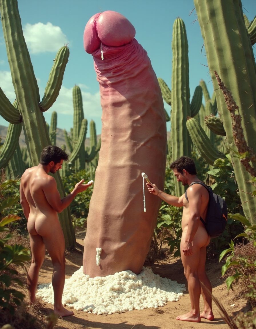 Enorme cactus de color carne de tres metros de altura (((con forma de pene y gran glande rosa))) por el glande excreta una sustancia viscosa blanca. Dos exploradores desnudos investigan la sustancia, pensando que pueda saciarles. 
