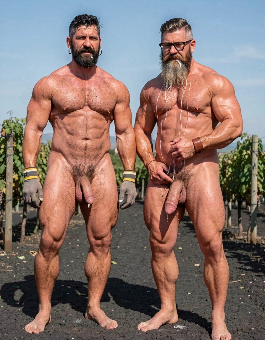 A hyper-realistic full-body vertical photograph in brutal direct midday Santorini sunlight over black volcanic soil between rows of Assyrtiko vines. Two powerfully built hairy men stand almost chest to chest, both in extreme voluntary muscle tension with heads thrown back staring directly at the clear blue sky. On the left, Dimitris, 32-year-old Greek vineyard worker, 5% body-fat competition physique, short jet-black hair with shaved sides, thick dense black beard, silver earring in left ear, every single muscle violently pumped and vascular to the absolute limit: massive raised traps, inflated pecs covered in dense wet black curly hair, carved eight-pack abs, deep obliques, huge veiny arms hanging at his sides, thick tree-trunk thighs and rock-hard calves. He wears only grey work gloves with yellow and white stripes. His enormous thick veiny Greek cock remains rock-hard and pointing upward, post-orgasm, with thick white cum slowly dripping from the swollen purple glans. On the right stands Hipsterbarba, 45, vineyard owner, 8% body-fat dry fibrous vascular physique, completely naked except for black-rimmed glasses, long salt-and-pepper hipster beard and entire face, glasses and hairy chest drenched and dripping with Dimitris’ fresh thick semen. Hipsterbarba grips his own thick erect cock tightly with his right hand while tensing every muscle with maximum force: swollen pecs, shredded vascular abs under dense hair, huge traps and shoulders, thick veiny arms, powerful legs planted firmly on the volcanic dirt. Both men are shown entirely uncropped from their dirty bare feet sunk in black volcanic soil to the tops of their heads, bodies glistening with sweat, every strand of wet black body hair visible, extreme muscle tension and vascularity pushed to the limit, raw masculine power, intense Mediterranean light creating harsh shadows and highlights, razor-sharp photorealistic detail, cinematic contrast, maximum texture on skin, hair, sweat, cum and muscles.