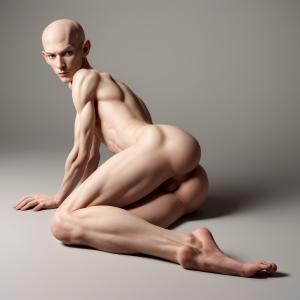 Niño desnudo, delgado y lampiño, piel clara, expresión seductora, culo prieto y redondeado, pies bonitos y bien definidos, pose provocativa y sensual.