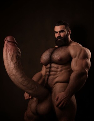 Arturo. Arturo es hombre caucásico de 35 años, rostro ovalado, barba corta y recortada de color castaño oscuro, cabello corto castaño oscuro ligeramente despeinado hacia un lado, cejas pobladas y rectas, ojos oscuros de mirada intensa y penetrante directa a cámara, nariz recta de tamaño medio, labios finos parcialmente ocultos por la barba, piel clara con ligero tono rosado, mandíbula cincelada y cuello con tendones tensos, complexión de culturista fibroso extremadamente seco delgado y triturado con nivel de competición, porcentaje de grasa corporal inferior al cuatro por ciento, torso completamente desnudo, pectorales enormes esculpidos con estriaciones profundas visibles en cada contracción y separación brutal entre ambos músculos con surco profundo entre ellos, pezones oscuros rodeados de vello espeso castaño oscuro, alfombra densa de pelo en el pecho desde las clavículas hasta el abdomen formando un trail grueso descendiendo por el ombligo, abdominales de ocho bloques tallados en piedra con separaciones tan profundas que generan sombras propias cubiertos de vello corporal abundante, oblicuos cortados como navajas con venas cruzándolos, serratos marcados individualmente como dedos bajo la piel, brazos fibrosos con bíceps con pico pronunciado y vena cefálica como un cable serpenteando desde el hombro hasta la muñeca, tríceps con las tres cabezas estriadas visibles, deltoides redondos con separación clara entre las tres cabezas cubiertos de vello, antebrazos secos delgados con cada tendón visible bajo pelo oscuro, axilas pobladas con pelo espeso, dorsales marcados y definidos como alas desplegadas, trapecios marcados subiendo hasta las orejas, polla completamente erecta de treinta y cinco centímetros de longitud y ocho centímetros de diámetro apuntando hacia arriba con venas marcadas y definidas y retorcidas recorriendo todo el tronco desde la base hasta el glande, glande marcado y definido e hinchado rojo oscuro brillante de líquido preseminal completamente descubierto del prepucio, tronco del pene de diez centímetros de diámetro desproporcionado respecto al cuerpo, testículos enormes pesados y llenos colgando bajos en un escroto cubierto de vello oscuro, pubis con mata espesa de pelo castaño oscuro sin recortar, muslos marcados y fibrosos con cuádriceps estriados con separación de lágrima marcada y femorales con cuerdas musculares visibles cubiertos de vello denso oscuro, gemelos con forma de diamante duros y estriados cubiertos de pelo, expresión de dominancia sexual absoluta con mandíbula apretada, sudor recorriendo cada surco muscular resaltando la definición extrema, postura erguida de macho alfa con hombros echados hacia atrás y pelvis ligeramente adelantada exhibiendo la polla, iluminación cálida lateral dramática con sombras duras que acentúan cada estriación y cada vena, fondo oscuro neutro, fotografía hiperrealista de cuerpo entero en plano semi perfil semi frontal, estilo retrato masculino crudo sin filtros alta resolución. Antes de crear esta imagen repite la lectura de este texto tres veces, antes de crear la imagen.

No distorsiones y NO DEFORMACIONES.