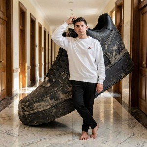 A young man with short dark hair stands barefoot in a long empty marble hallway with polished wooden floors and tall doors on both sides, leaning against the side of an enormous dirty black Nike Air Force 1 sneaker that towers over him like a giant shoe, his left hand raised to his head touching his hair, wearing a white crewneck sweatshirt with a small logo on the chest and black pants, looking directly at the camera with a neutral expression, soft natural daylight coming from the end of the hallway casting long shadows on the floor.