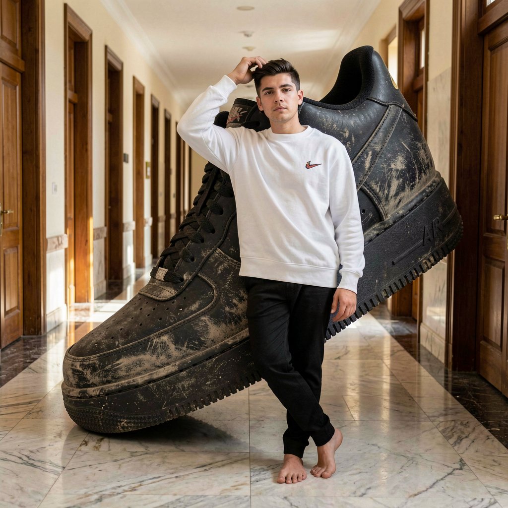 A young man with short dark hair stands barefoot in a long empty marble hallway with polished wooden floors and tall doors on both sides, leaning against the side of an enormous dirty black Nike Air Force 1 sneaker that towers over him like a giant shoe, his left hand raised to his head touching his hair, wearing a white crewneck sweatshirt with a small logo on the chest and black pants, looking directly at the camera with a neutral expression, soft natural daylight coming from the end of the hallway casting long shadows on the floor.
