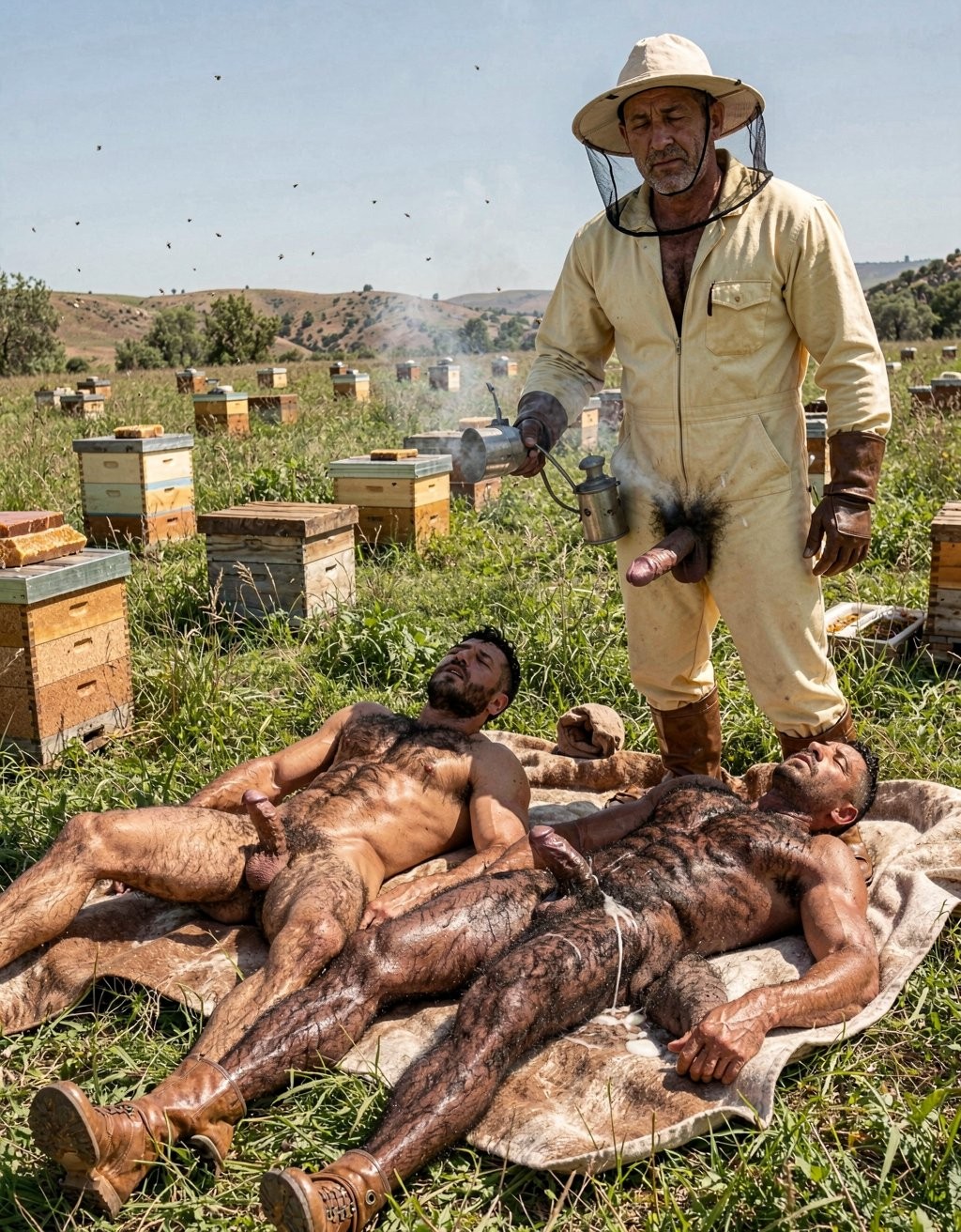 Un apicultor con traje protector amarillo, sombrero con velo, guantes y botas está de pie en un prado junto a varias colmenas de madera, usando un ahumador que suelta humo entre abejas volando. A sus pies, sobre una manta tendida en la hierba, yacen tres hombres desnudos, con el cuerpo cubierto de vello oscuro, manchas de barro o enjambres adheridos a la piel; sus penes quedan visibles mientras permanecen tumbados con expresión agotada o inconsciente. La escena combina apicultura rural, colmenar, campo abierto y colinas al fondo con una composición extraña y provocadora, marcada por el contraste entre el trabajo del apicultor y los cuerpos desnudos rodeados de abejas.