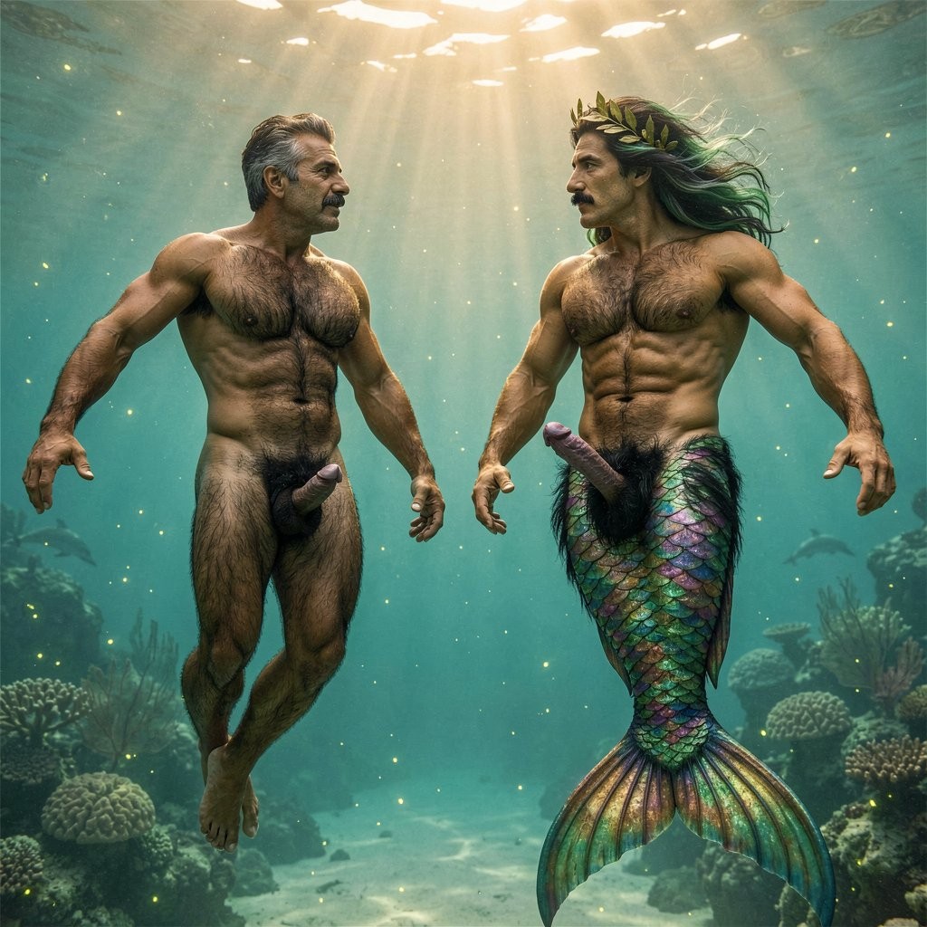 Dos hombres musculosos flotan bajo el agua en una escena fantástica iluminada por rayos de sol que atraviesan la superficie. A la izquierda aparece un hombre desnudo, de pelo canoso y bigote, con torso velludo, abdomen marcado, piernas humanas y pene visible, suspendido sobre un fondo marino de arena, rocas y corales. A la derecha, un tritón de aspecto mitológico lo mira de frente, con melena verdosa, corona de laurel, pecho velludo, brazos fuertes, pene visible y una gran cola de pez escamada en tonos verdes, morados y dorados que termina en una aleta amplia. El entorno submarino incluye partículas luminosas, siluetas de peces y arrecifes, creando una atmósfera épica, surrealista y mitológica.