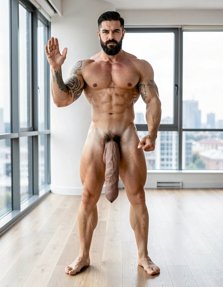 Photorealistic portrait full body shot indoor modern minimalist apartment background white walls large windows daylight natural lighting, extremely handsome masculine dominant man late 30s early 40s rugged alpha male appearance standing center frame confident powerful stance legs apart facing camera direct eye contact intimidating authoritative gaze, extremely muscular athletic professional bodybuilder physique massive shoulders wide back extreme V-taper narrow waist thick powerful legs eight-pack abs visible completely naked fully nude entire body visible head to feet, short dark hair perfectly styled masculine haircut thick dark stubble beard covering strong angular jaw chiseled masculine facial features piercing intense dark eyes looking directly at camera dominant expression slight arrogant smirk confident attitude, completely naked totally nude muscular body fully exposed massive defined pecs abs obliques Adonis belt visible muscular arms biceps triceps forearms thick muscular thighs quads hamstrings calves feet visible standing barefoot hardwood floor, huge thick long erect cock massive erection pointing upward enormous penis fully erect large thick shaft prominent glans meatus visible heavy hanging balls testicles visible between thick muscular thighs, small black ink tattoo right upper arm bicep brachial region curved text following anatomical muscle contour letters reading 