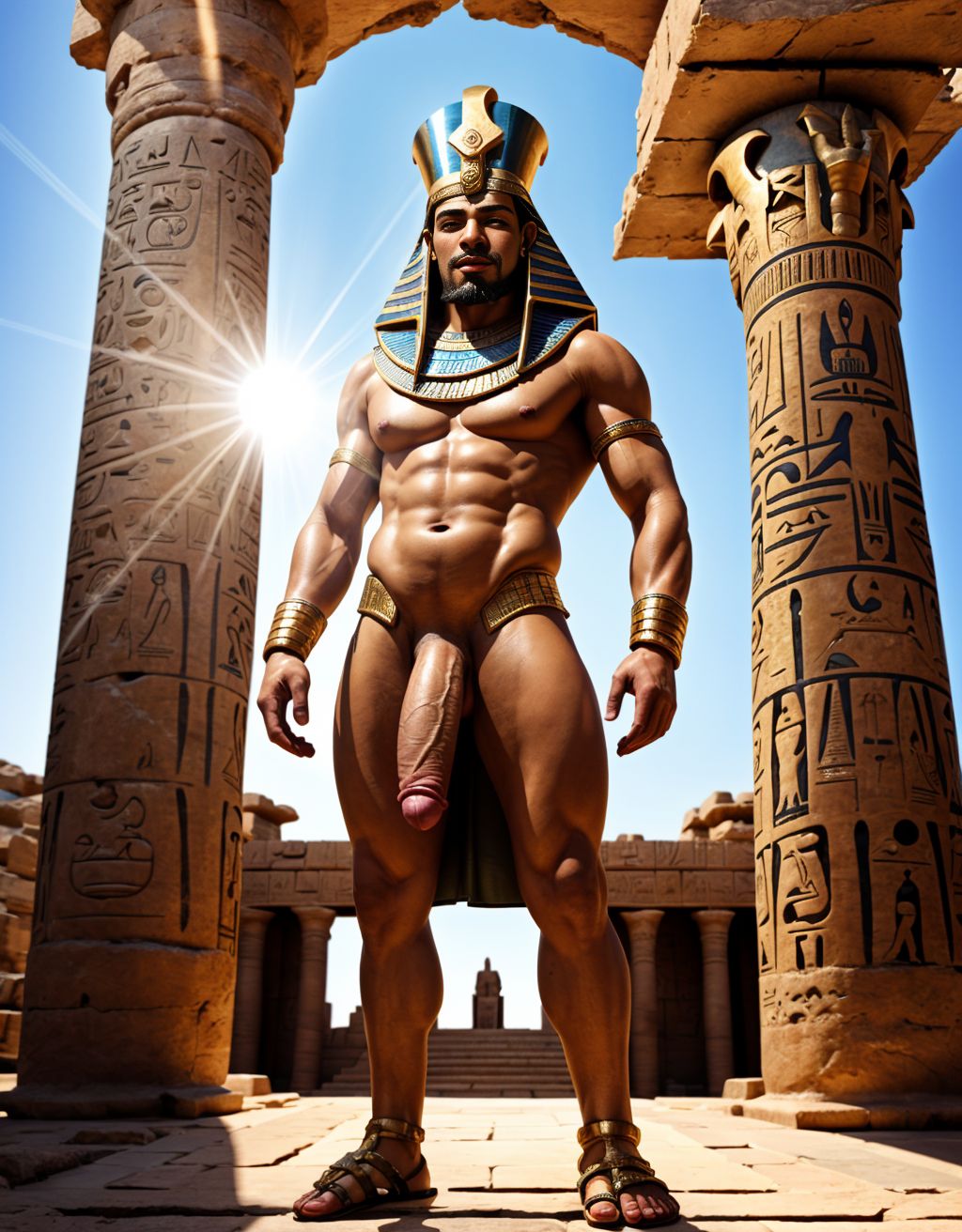 Faraón Ramsés 2 está desnudo en el Gran Templo de Abu Simbel. Tiene un pene muy grande. Tiene dos testículos grandes.  Está recibiendo un de rayo de luz del sol. En la cabeza tiene una doble corona del Alto y Bajo Egipto, el pschent. Tiene el nemes el tocado faraónico. Tiene barba recortada en forma rectangular en su barbilla de la cara. Tiene el faldellín. A su lado está la estatua de un dios llamado Re-Horackhty totalmente desnudo. Tiene sandalias de faraón.