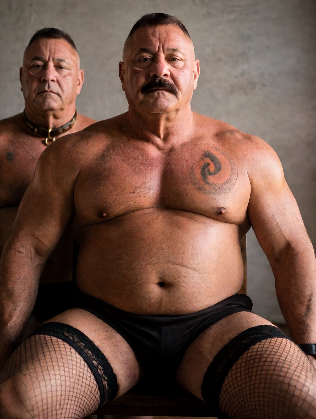 Dos hombres corpulentos posan con gesto serio frente a una pared gris de aspecto industrial, creando una escena intensa y sobria. El hombre del primer plano está sentado, con bigote grueso, pelo muy corto, torso desnudo, un tatuaje circular oscuro en el pecho y otro pequeño en el brazo; lleva ropa interior negra ajustada y medias de rejilla negras hasta los muslos, con las piernas abiertas y los brazos apoyados a los lados. Detrás aparece otro hombre también sin camiseta, parcialmente oculto, con expresión firme, collar negro con aro metálico y pantalón oscuro. La iluminación suave resalta la piel, el vello corporal, los músculos y la estética leather, masculina y provocadora.