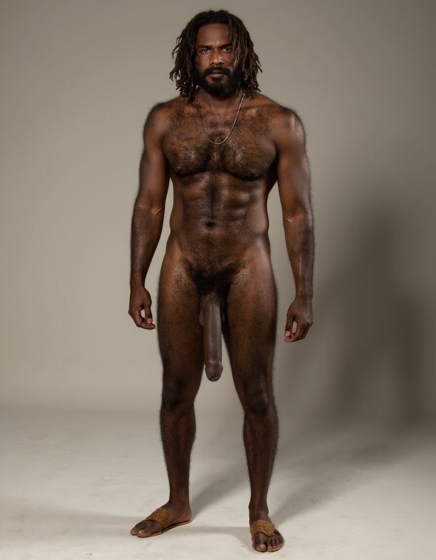 Guerrero anciano, cuerpo completamente desnudo y velludo, mostrando enorme polla venosa, moreno con pelo muy largo y barba. Tiene sandalias de color marrón en sus pies.