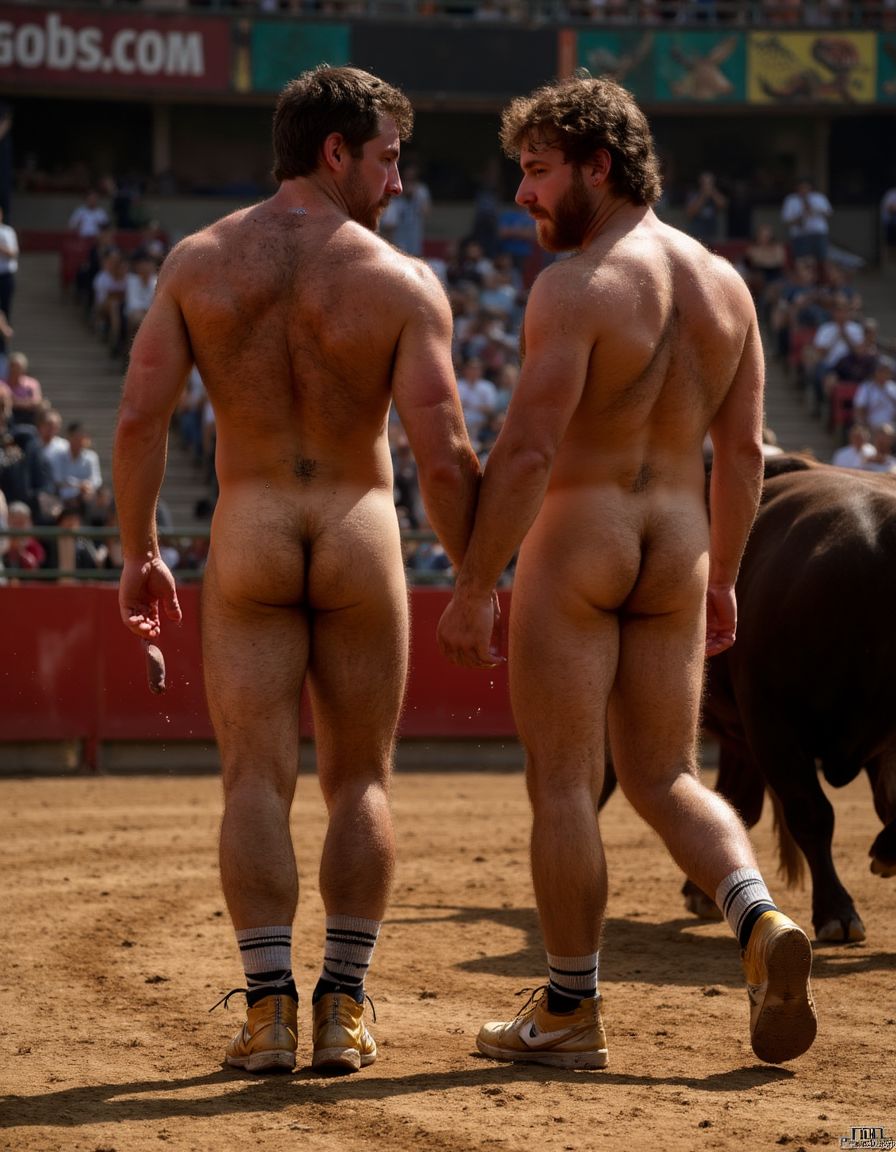 Un torero español musculoso y velludo de 50 años, con torso atlético y marcado, se muestra completamente desnudo, destacando su pene de 30 cm de longitud y 5 cm de grosor, perfectamente formado y rodeado de un denso vello púbico castaño oscuro. Sus testículos, perfectamente formados, cuelgan de forma prominente. La piel bronceada y sudorosa resalta su musculatura definida, con pectorales y abdominales bien marcados y sin grasa. El cabello largo y castaño oscuro está despeinado y sudoroso, con gotas de sudor resbalando por su frente y mejillas. Una barba incipiente y un vello corporal denso que se extiende por su pecho, piernas y brazos completan su apariencia viril. Lleva zapatillas doradas en sus pies.

A su lado, un hombre musculoso y velludo de 30 años, completamente desnudo, muestra un pene de 30 cm de longitud y 4 cm de grosor, hermoso y perfecto, rodeado de un denso vello púbico pelirrojo. Su piel bronceada y sudorosa muestra una musculatura definida, con pectorales y abdominales muy marcados. Tiene cabello pelirrojo despeinado y sudoroso. Tiene una barba pelirroja densa pero bien recortada. El vello corporal pelirrojo denso cubre su pecho, y tiene mucho vello pelirrojo en sus piernas y brazos, lo que realza su apariencia masculina y atlética. Están andando en la plaza de toros con un toro salvaje. Se aman

Ambos hombres se encuentran en una plaza de toros, con sombras que resaltan su musculatura y vello corporal, creando un ambiente sensual y cargado de tensión. Están en pleno acto de pasión, con sus penes erectos y testículos prominentes ,destacando su musculatura, vello corporal y atributos viriles en una imagen impactante y llena de energía. La escena está llena de sensualidad y poder, con los dos hombres como protagonistas, en un ambiente cargado de pasión y erotismo. La imagen es híper realista, con detalles de alta calidad, y muestra la unión de los dos hombres en un acto de pasión y dominio, con sus cuerpos musculosos y velludos completamente desnudos y visibles, mostrando su excitación y pasión en cada detalle. Tienen sus penes erectos. Están totalmente desnudos. Tiene un pene de 40 cm de longitud y 7 cm de diámetro.