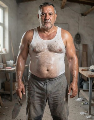 A robust middle-aged man poses standing in a workshop or construction space, with a serious expression and direct gaze, wearing a white tank top stained with dust and sweat and very dirty gray work pants. His hairy torso and strong arms appear shiny from physical effort, reinforcing the feeling of an intense workday. In one hand he holds a mason’s trowel or metal float, associated with construction, renovation, or plastering work. The setting is rustic and dusty, with worn walls, wooden beams, worktables, tools, leftover materials, and a side window that brings soft natural light into the workshop.