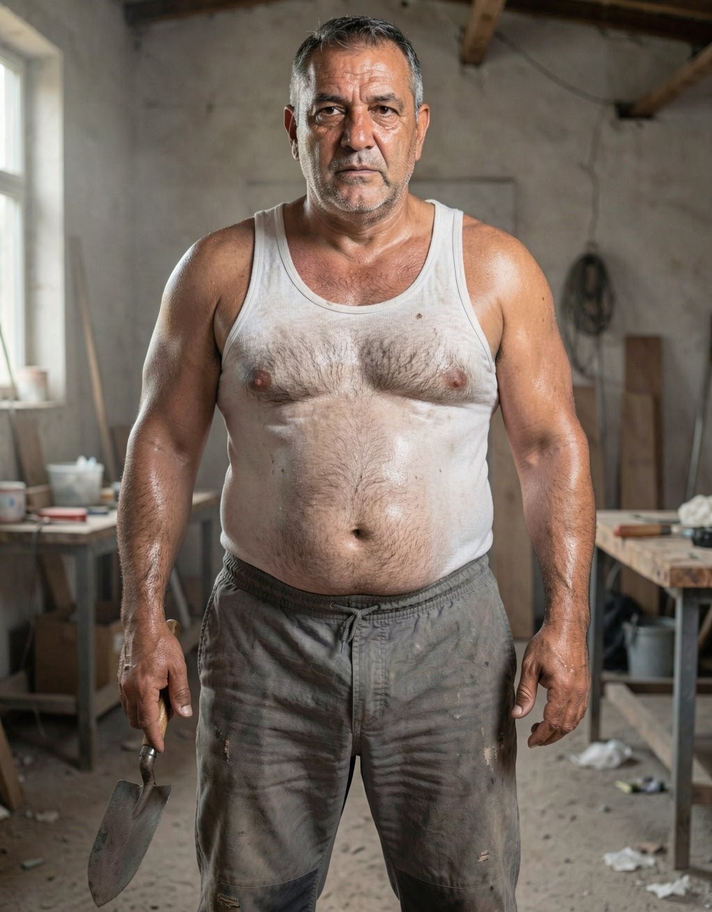 Un hombre robusto de mediana edad posa de pie en un taller o espacio de obra, con expresión seria y mirada directa, vistiendo una camiseta blanca de tirantes manchada de polvo y sudor y unos pantalones grises de trabajo muy sucios. Su torso velludo y los brazos fuertes aparecen brillantes por el esfuerzo físico, reforzando la sensación de jornada laboral intensa. En una mano sostiene una paleta de albañil o llana metálica, asociada a trabajos de construcción, reforma o enlucido. El entorno es rústico y polvoriento, con paredes desgastadas, vigas de madera, mesas de trabajo, herramientas, restos de material y una ventana lateral que aporta luz natural suave al interior del taller.