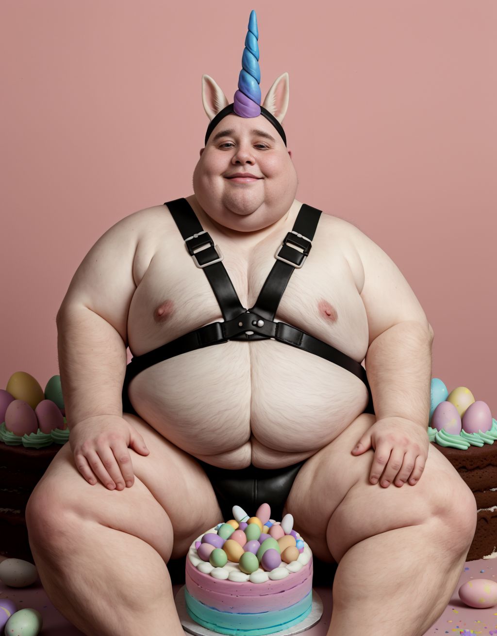 Hombre muy gordo con arnés y una diadema de unicornio encima de un pastel rodeado de huevos de pascua