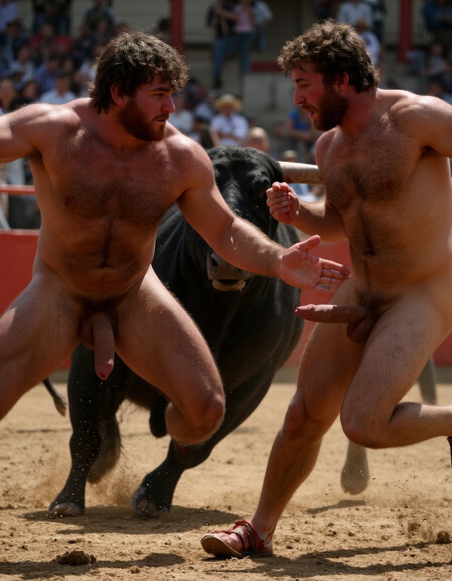 Un torero español musculoso y velludo de 50 años, con torso atlético y marcado, se muestra completamente desnudo, destacando su pene de 30 cm de longitud y 5 cm de grosor, perfectamente formado y rodeado de un denso vello púbico castaño oscuro. Sus testículos, perfectamente formados, cuelgan de forma prominente. La piel bronceada y sudorosa resalta su musculatura definida, con pectorales y abdominales bien marcados y sin grasa. El cabello largo y castaño oscuro está despeinado y sudoroso, con gotas de sudor resbalando por su frente y mejillas. Una barba incipiente y un vello corporal denso que se extiende por su pecho, piernas y brazos completan su apariencia viril. Lleva sandalias marrones en sus pies.

A su lado, un hombre musculoso y velludo de 30 años, completamente desnudo, muestra un pene erecto de 30 cm de longitud y 4 cm de grosor, hermoso y perfecto, rodeado de un denso vello púbico pelirrojo. Su piel bronceada y sudorosa muestra una musculatura definida, con pectorales y abdominales muy marcados. Tiene cabello pelirrojo despeinado y sudoroso. Tiene una barba pelirroja densa pero bien recortada. El vello corporal pelirrojo denso cubre su pecho, y tiene mucho vello pelirrojo en sus piernas y brazos, lo que realza su apariencia masculina y atlética. Están corriendo en la plaza de toros con un toro

Ambos hombres se encuentran en una plaza de toros, con sombras que resaltan su musculatura y vello corporal, creando un ambiente sensual y cargado de tensión. Están en pleno acto de pasión, con sus penes erectos y testículos prominentes ,destacando su musculatura, vello corporal y atributos viriles en una imagen impactante y llena de energía. La escena está llena de sensualidad y poder, con los dos hombres como protagonistas, en un ambiente cargado de pasión y erotismo. La imagen es híper realista, con detalles de alta calidad, y muestra la unión de los dos hombres en un acto de pasión y dominio, con sus cuerpos musculosos y velludos completamente desnudos y visibles, mostrando su excitación y pasión en cada detalle. Tienen sus penes erectos, desde la uretra del glande del pene eyaculan semen blanco lanzado en abundancia. Están totalmente desnudos. Tiene un pene de 30 cm de longitud y 5 cm de diámetro.