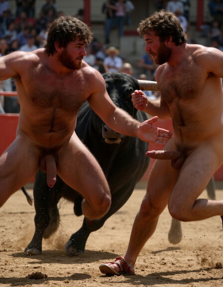 Un torero español musculoso y velludo de 50 años, con torso atlético y marcado, se muestra completamente desnudo, destacando su pene de 30 cm de longitud y 5 cm de grosor, perfectamente formado y rodeado de un denso vello púbico castaño oscuro. Sus testículos, perfectamente formados, cuelgan de forma prominente. La piel bronceada y sudorosa resalta su musculatura definida, con pectorales y abdominales bien marcados y sin grasa. El cabello largo y castaño oscuro está despeinado y sudoroso, con gotas de sudor resbalando por su frente y mejillas. Una barba incipiente y un vello corporal denso que se extiende por su pecho, piernas y brazos completan su apariencia viril. Lleva sandalias marrones en sus pies.

A su lado, un hombre musculoso y velludo de 30 años, completamente desnudo, muestra un pene erecto de 30 cm de longitud y 4 cm de grosor, hermoso y perfecto, rodeado de un denso vello púbico pelirrojo. Su piel bronceada y sudorosa muestra una musculatura definida, con pectorales y abdominales muy marcados. Tiene cabello pelirrojo despeinado y sudoroso. Tiene una barba pelirroja densa pero bien recortada. El vello corporal pelirrojo denso cubre su pecho, y tiene mucho vello pelirrojo en sus piernas y brazos, lo que realza su apariencia masculina y atlética. Están corriendo en la plaza de toros con un toro

Ambos hombres se encuentran en una plaza de toros, con sombras que resaltan su musculatura y vello corporal, creando un ambiente sensual y cargado de tensión. Están en pleno acto de pasión, con sus penes erectos y testículos prominentes ,destacando su musculatura, vello corporal y atributos viriles en una imagen impactante y llena de energía. La escena está llena de sensualidad y poder, con los dos hombres como protagonistas, en un ambiente cargado de pasión y erotismo. La imagen es híper realista, con detalles de alta calidad, y muestra la unión de los dos hombres en un acto de pasión y dominio, con sus cuerpos musculosos y velludos completamente desnudos y visibles, mostrando su excitación y pasión en cada detalle. Tienen sus penes erectos, desde la uretra del glande del pene eyaculan semen blanco lanzado en abundancia. Están totalmente desnudos. Tiene un pene de 30 cm de longitud y 5 cm de diámetro.